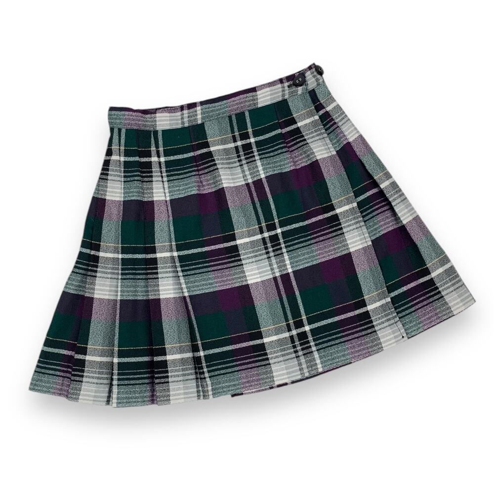 90's SHE SAID purple green pleated plaid school girl mini skirt - Picture 5 of 13